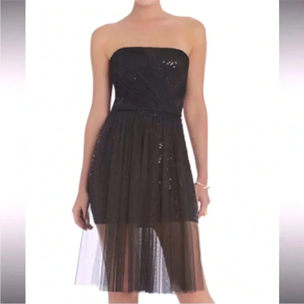 BCBGMAXAZRIA VIENNA STRAPLESS SEQUIN TULLE OVERLAY MINI DRESS BLACK 12P
